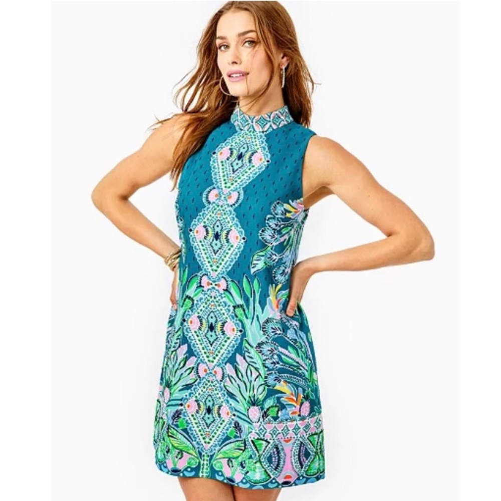 Lilly Pulitzer Brandi Engineered Shift Dress Valencia Teal Rain Floral 12